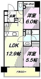 JR中央線 八王子駅 徒歩8分の賃貸マンション 6階2LDKの間取り