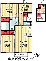 東武野田線 塚田駅 徒歩15分の賃貸アパート 2階3LDKの間取り