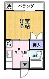 第3成和ハイツ 2階1Kの間取り