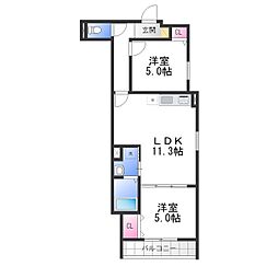 クリエオーレ初芝 3階2LDKの間取り