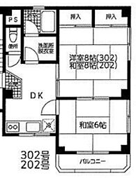 宇奈月第二コーポ 2DKの間取図画像