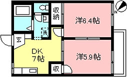 Ｄｏｍｉｅｌｕ　ＮＯＧＡＷＡ　Ａ 2階2DKの間取り