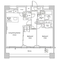 ザ・パークハビオ目黒プレイス 7階2LDKの間取り