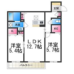 クラヴィーア上野芝 1階2LDKの間取り