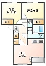 サンミラドールA 2階2DKの間取り