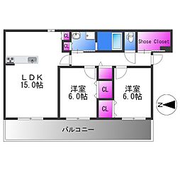 近鉄奈良線 瓢箪山駅 徒歩19分の賃貸アパート 2階2LDKの間取り