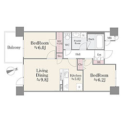 ベルヴュコート津田沼 4階2LDKの間取り