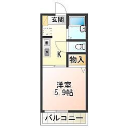 ピースフル 2階1Kの間取り