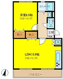 サニーハイツ土方1 2階1LDKの間取り