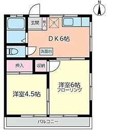 睦ハイツ 2階2DKの間取り