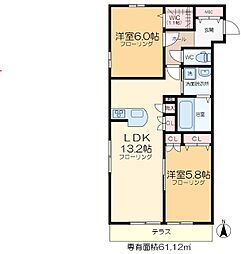 グランテラス六町 1階2LDKの間取り