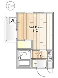 東急池上線 池上駅 徒歩8分の賃貸マンション 2階1Kの間取り