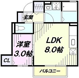 カルチェラタン 1階1LDKの間取り