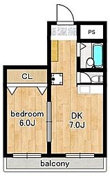 コートコア百合丘 3階1DKの間取り