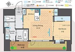 パークルール恵比寿 8階1LDKの間取り