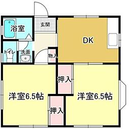 シャルム小山 2階2DKの間取り