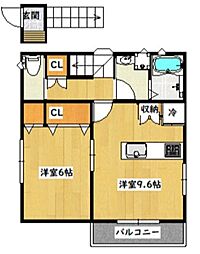 第2エーデルハイム 2階1LDKの間取り