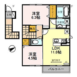 JR東海道・山陽本線 大久保駅 徒歩29分の賃貸アパート 2階2LDKの間取り
