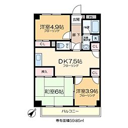 セリオ壱番館 4階3DKの間取り