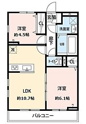 アムール イソベ 2階2LDKの間取り
