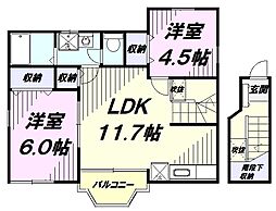 シャン・ド・フルール 2階2LDKの間取り