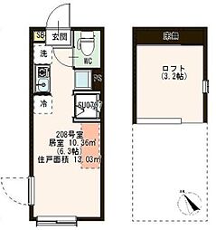 ハーモニーテラス高野台II 2階ワンルームの間取り