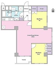 東京メトロ日比谷線 六本木駅 徒歩9分の賃貸マンション 2階2LDKの間取り