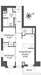 ブランシエスタ品川大井町パークエッジ 6階2DKの間取り