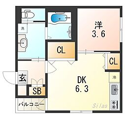 ハーモニーテラス小路東III 2階1DKの間取り