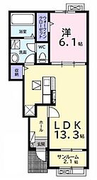 プランドールB 1階1LDKの間取り