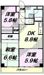 京王線 北野駅 徒歩2分の賃貸マンション 6階3DKの間取り