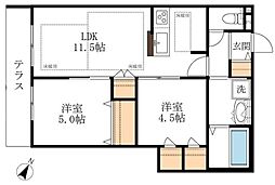 グランハウゼ国分寺 2階2LDKの間取り