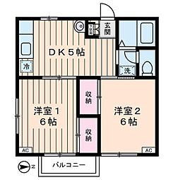 ガーデンコート 2階2DKの間取り