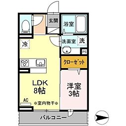 ルナマリア国立 A棟 3階1LDKの間取り