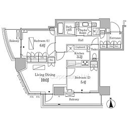 パークコート乃木坂ザ・タワー 2階2LDKの間取り