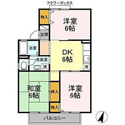京王高尾線 めじろ台駅 徒歩14分の賃貸アパート 2階3DKの間取り