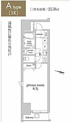 アーベイン浅草 7階1Kの間取り