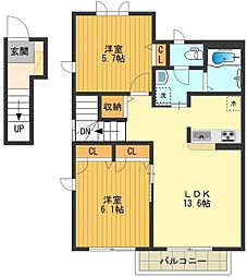 京王線 平山城址公園駅 徒歩4分の賃貸アパート 2階2LDKの間取り