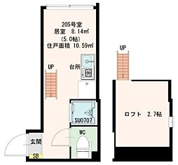 カシミール学芸大前 2階ワンルームの間取り