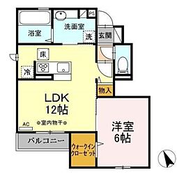 JR青梅線 小作駅 徒歩15分の賃貸アパート 1階1LDKの間取り
