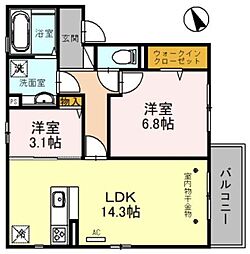 JR片町線(学研都市線) 放出駅 徒歩11分の賃貸アパート 3階2LDKの間取り
