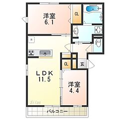 エヴァンタイユ羽衣B 2LDKの間取図画像