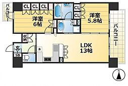 リーガル神戸三宮 3階2LDKの間取り
