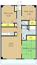 プライムコート 3階2LDKの間取り