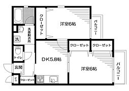 サンピア白山. 2階2DKの間取り