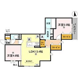 D-ROOM Sagarimatsu 1階2LDKの間取り