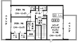仮へーベルメゾン中央5丁目北棟 3階2LDKの間取り