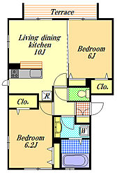 アリエスマンション 1階2LDKの間取り
