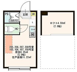 ハーモニーテラス東十条II 1階ワンルームの間取り