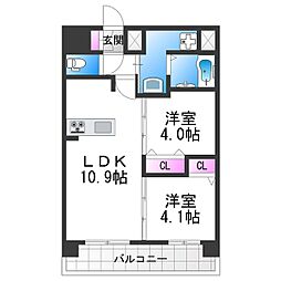 プレサンス天王寺ヴィヴァン 9階2LDKの間取り